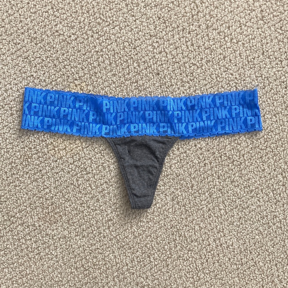 NEW Victoria’s Secret PINK Extra Low Rose Thong Blue Grey Logo Cotton Panty NWOT